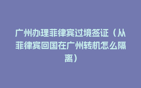 广州办理菲律宾过境签证（从菲律宾回国在广州转机怎么隔离）